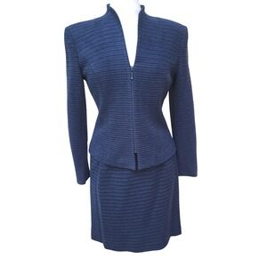 NWOT Y2K Renlyn 2pc Women's Zip Front Blue Black Stripe Blazer Skirt Suit 6